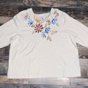 Alfred Dunner Cream Floral Embroidered Long Sleeve Top